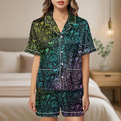 Rainbow Halloween Pajama Set, Ghost Pumpkin Skull Satin Shorts Set, Spooky Cute Sleepwear, Rainbow Witchy Nightwear for Her