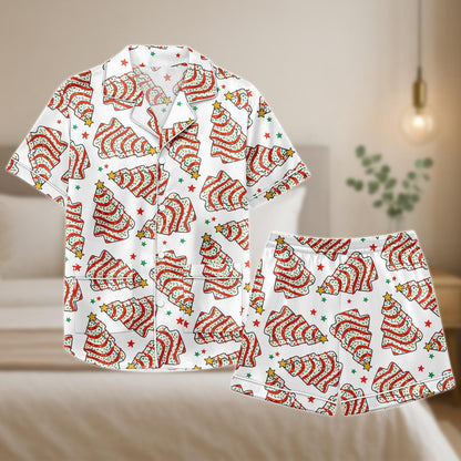 Christmas Tree Satin Pajama Set, Festive Holiday Short Sleeve PJs, Red Green Tree Print Sleepwear, Cute Christmas Shorts Set