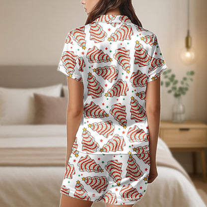 Christmas Tree Satin Pajama Set, Festive Holiday Short Sleeve PJs, Red Green Tree Print Sleepwear, Cute Christmas Shorts Set