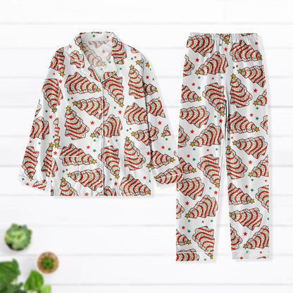 Christmas Tree Satin Pajamas, Long Sleeve Holiday PJs, Red Green Xmas Sleepwear Set, Cozy Christmas Gift for Her, Cute Christmas Lounge