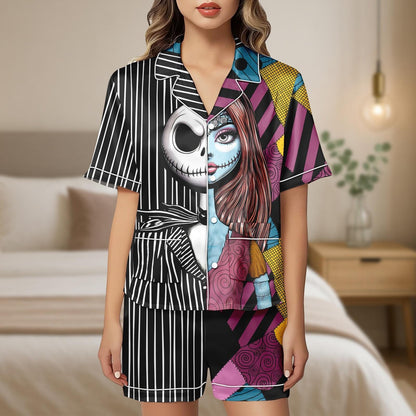 Jack and Sally Satin Pajama Set, Halloween Cartoon Sleepwear, Nightmare Before Christmas Shirt and Shorts, Gothic Lounge Gift