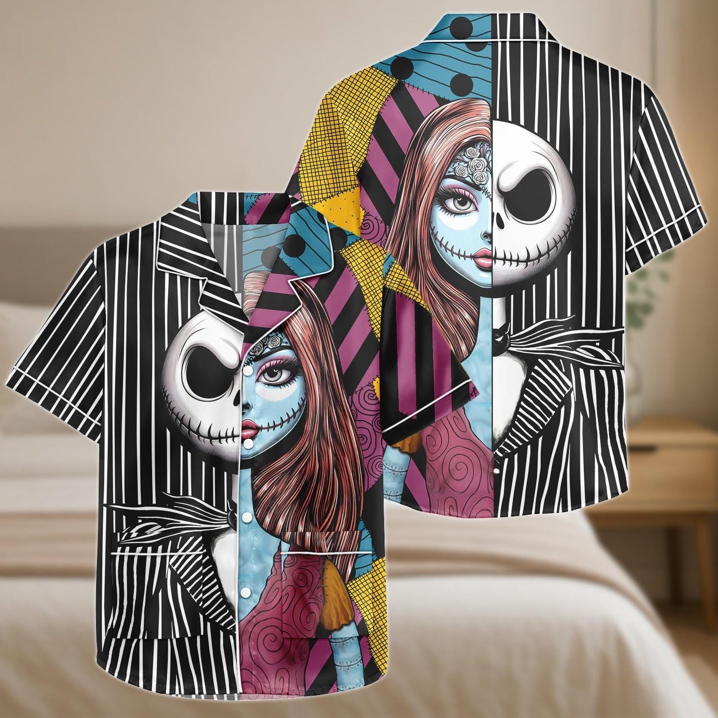 Jack and Sally Satin Pajama Set, Halloween Cartoon Sleepwear, Nightmare Before Christmas Shirt and Shorts, Gothic Lounge Gift