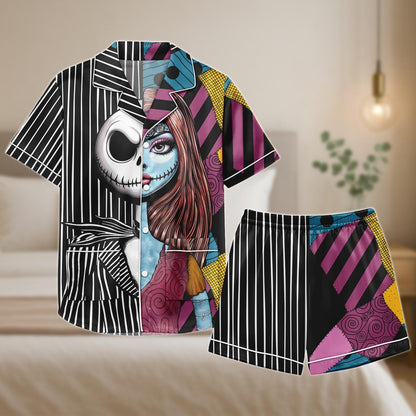 Jack and Sally Satin Pajama Set, Halloween Cartoon Sleepwear, Nightmare Before Christmas Shirt and Shorts, Gothic Lounge Gift