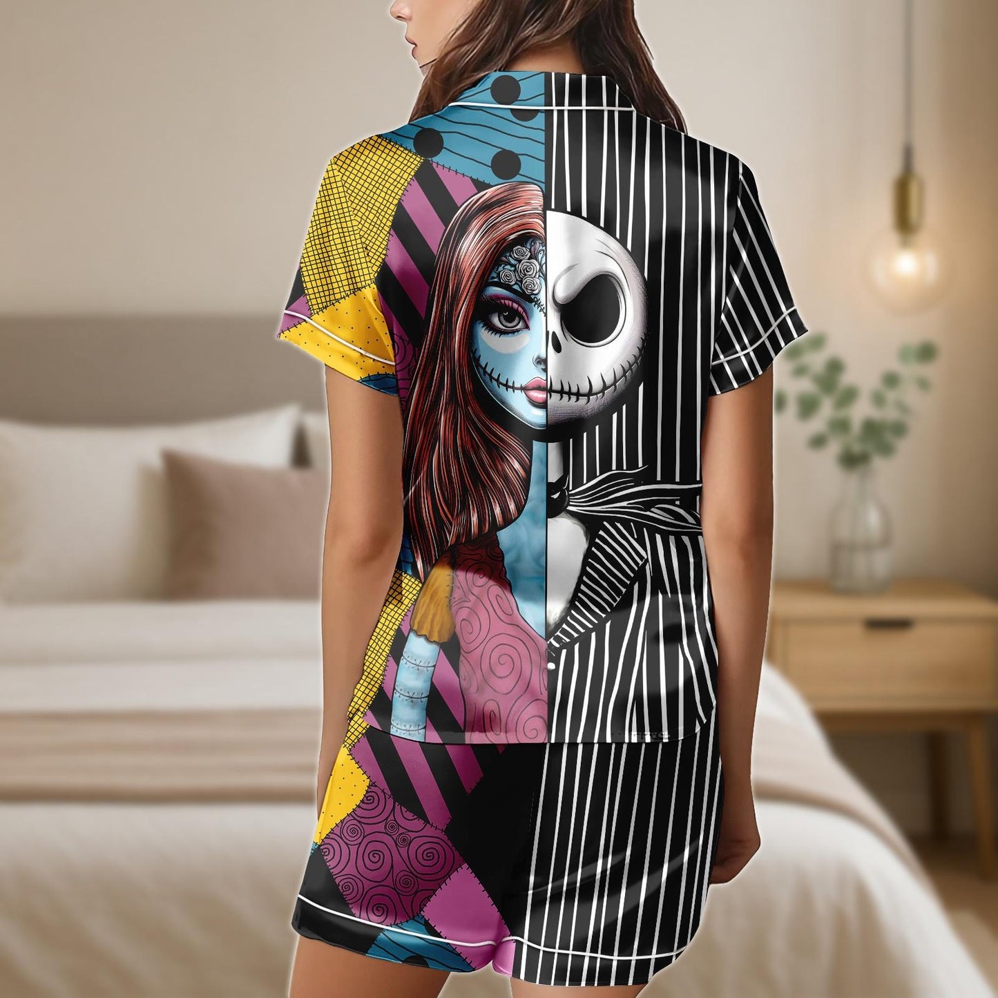 Jack and Sally Satin Pajama Set, Halloween Cartoon Sleepwear, Nightmare Before Christmas Shirt and Shorts, Gothic Lounge Gift