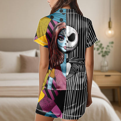 Jack and Sally Satin Pajama Set, Halloween Cartoon Sleepwear, Nightmare Before Christmas Shirt and Shorts, Gothic Lounge Gift