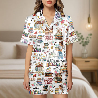 Book Lover Pajama Set, Reading Quote Satin Shorts and Shirt, Cute Book Print Sleepwear, Cozy Gift for Readers, Bookish Loungewear