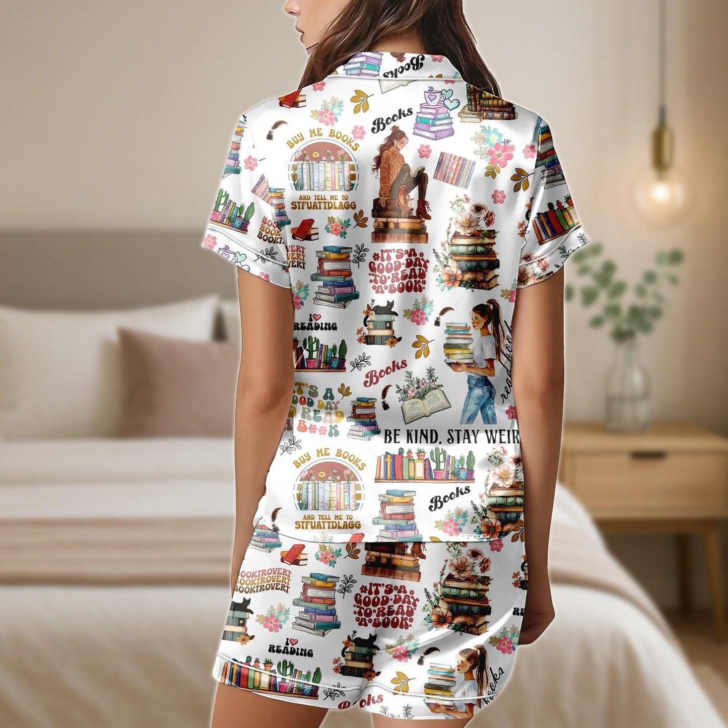 Book Lover Pajama Set, Reading Quote Satin Shorts and Shirt, Cute Book Print Sleepwear, Cozy Gift for Readers, Bookish Loungewear