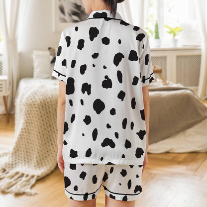 Dalmatian Pajama Set Short Sleeves, Dalmation Print Woman's Satin Pajamas Short Sleeve