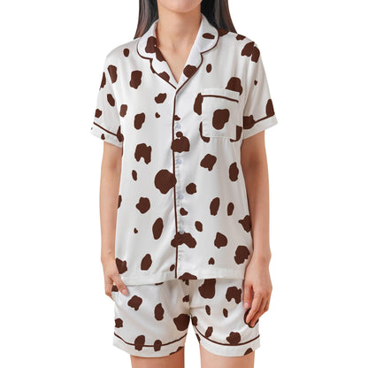 Brown Dalmatian Pajama Set Short Sleeves, Dalmation Print Woman's Satin Pajamas Short Sleeve