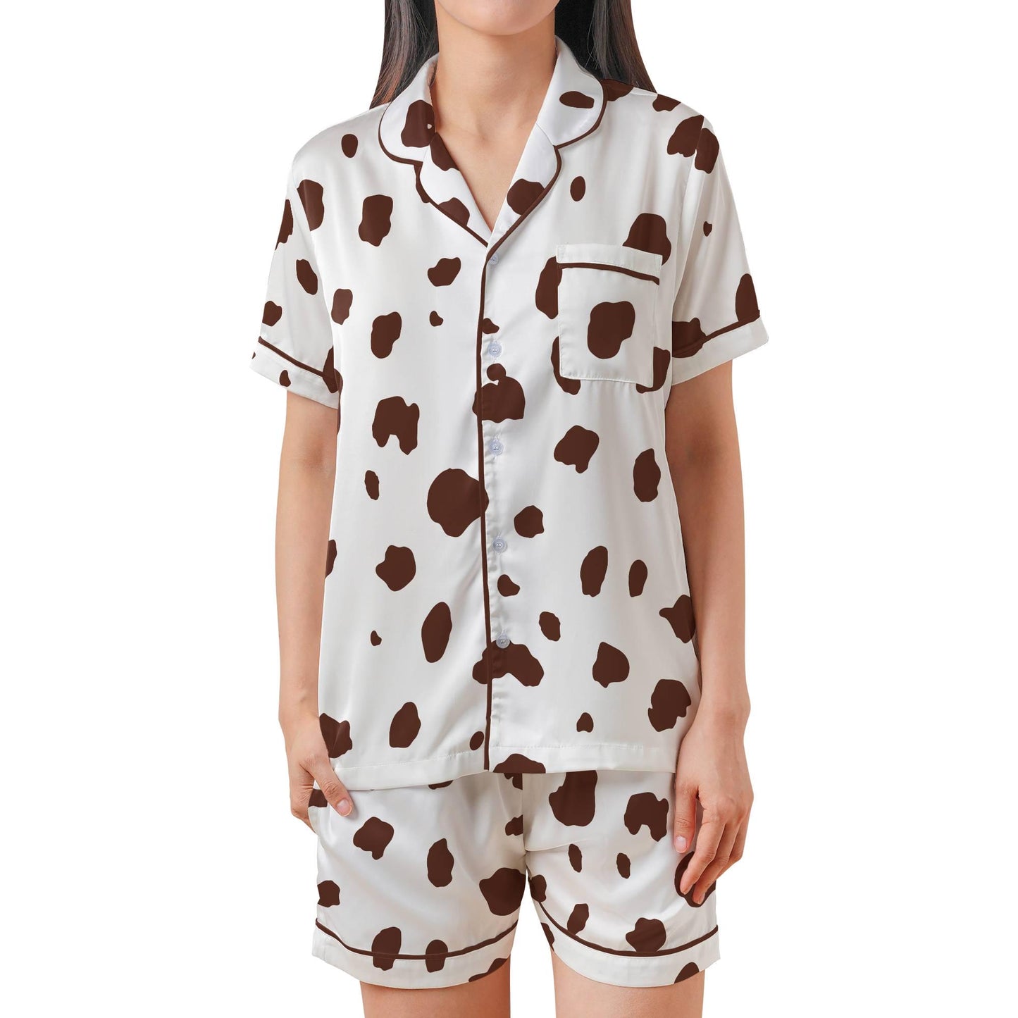 Dalmatian Pajama Set Short Sleeves, Dalmation Print Woman's Satin Pajamas Short Sleeve