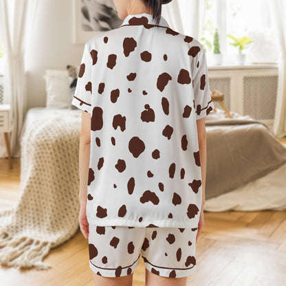 Dalmatian Pajama Set Short Sleeves, Dalmation Print Woman's Satin Pajamas Short Sleeve