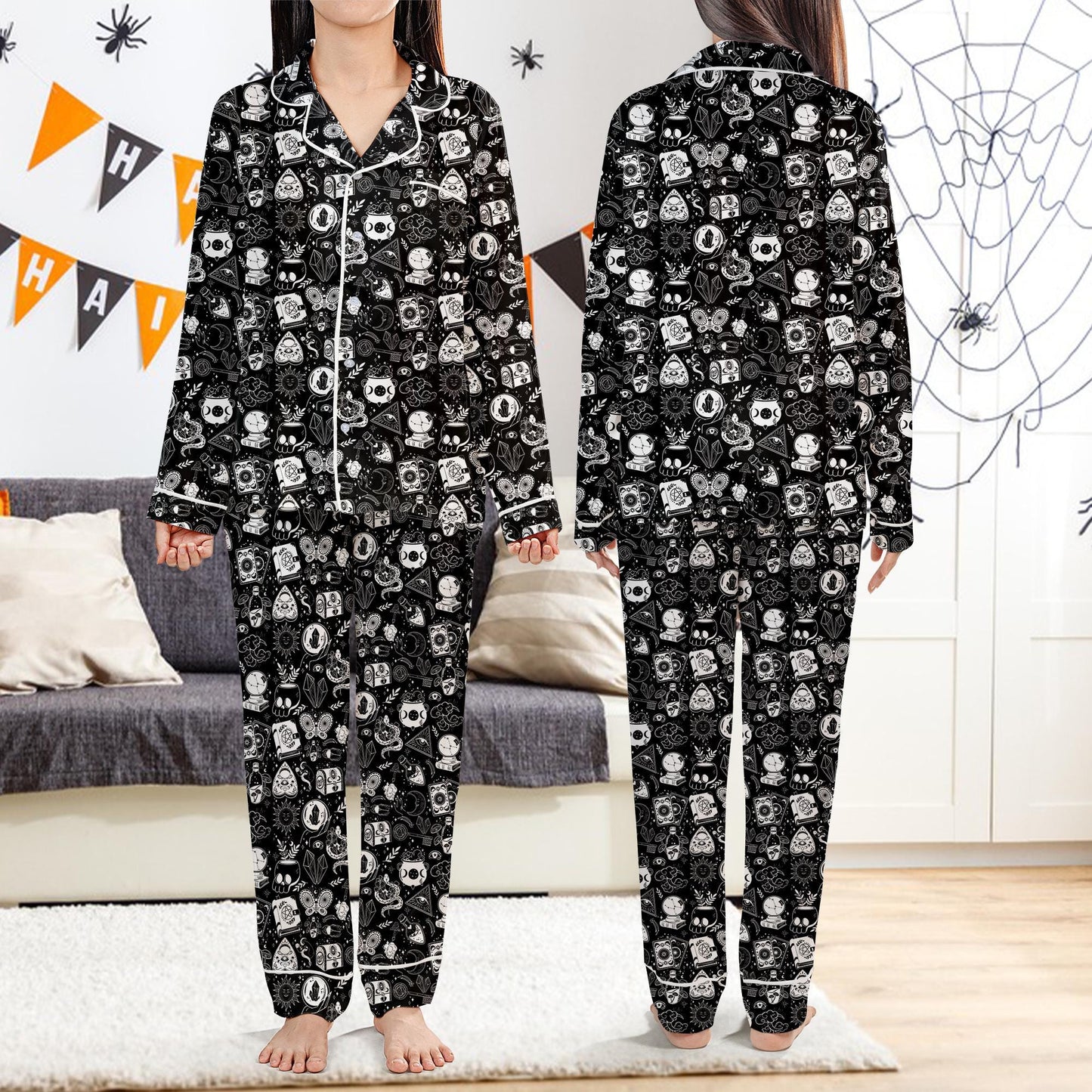 Retro Witch Vibes Halloween Satin Pajamas Set, Spooky Season Sleeve Pajama Set, Gothic Halloween Sleepwear, Celestial Halloween Pajamas