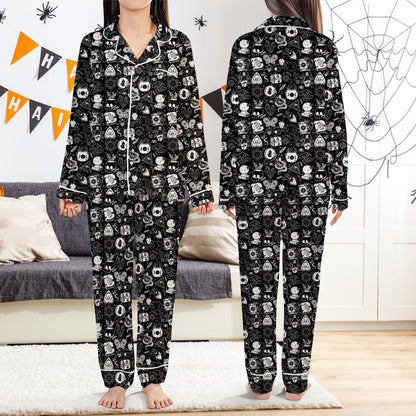 Retro Witch Vibes Halloween Satin Pajamas Set, Spooky Season Sleeve Pajama Set, Gothic Halloween Sleepwear, Celestial Halloween Pajamas