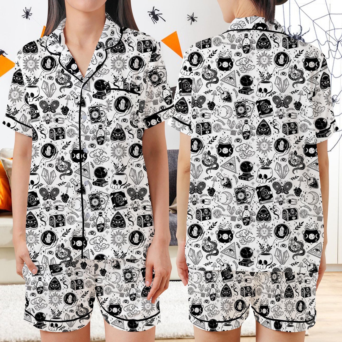 Retro Witch Vibes Halloween Satin Pajamas Set, Spooky Season Sleeve Pajama Set, Gothic Halloween Sleepwear, Celestial Halloween Pajamas