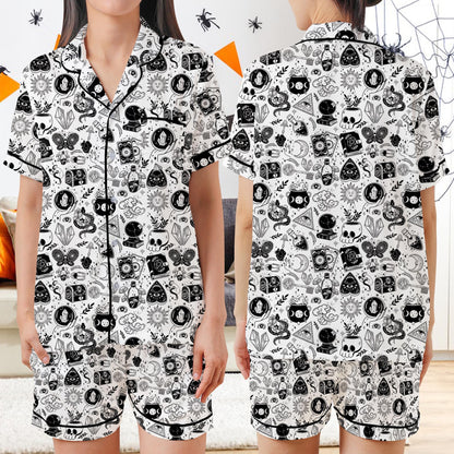 Retro Witch Vibes Halloween Satin Pajamas Set, Spooky Season Sleeve Pajama Set, Gothic Halloween Sleepwear, Celestial Halloween Pajamas