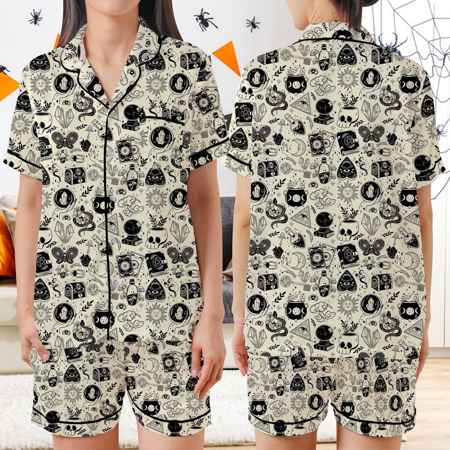 Retro Witch Vibes Halloween Satin Pajamas Set, Spooky Season Sleeve Pajama Set, Gothic Halloween Sleepwear, Celestial Halloween Pajamas