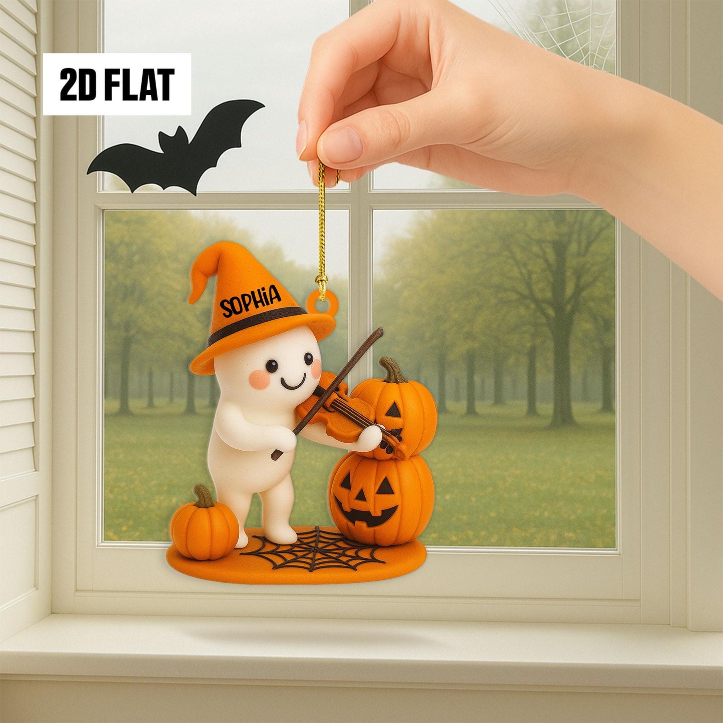 Personalized Halloween Ornament – Cute Ghost With Pumpkin Vilon, Custom Name Ornament 2D Flat, Fun And Spooky Halloween Hanging Window