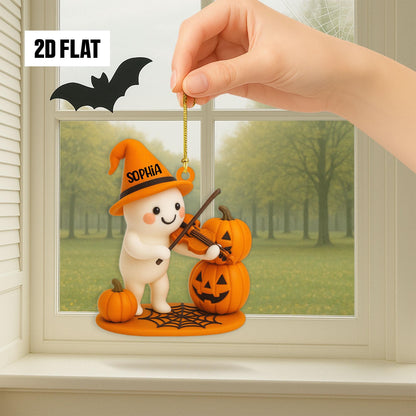 Personalized Halloween Ornament – Cute Ghost With Pumpkin Vilon, Custom Name Ornament 2D Flat, Fun And Spooky Halloween Hanging Window