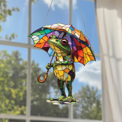 Frog with Umbrella Acrylic Window Hanging, Whimsical Window Hanging Frog Decor, Cute Rainy Day Gift for Nature Lovers, Garden or Home Accent