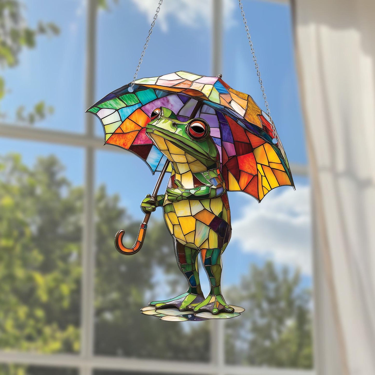 Frog with Umbrella Acrylic Window Hanging, Whimsical Window Hanging Frog Decor, Cute Rainy Day Gift for Nature Lovers, Garden or Home Accent