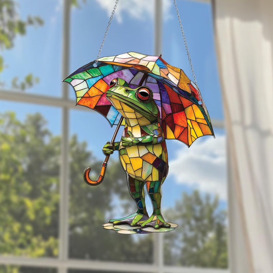 Frog with Umbrella Acrylic Window Hanging, Whimsical Window Hanging Frog Decor, Cute Rainy Day Gift for Nature Lovers, Garden or Home Accent