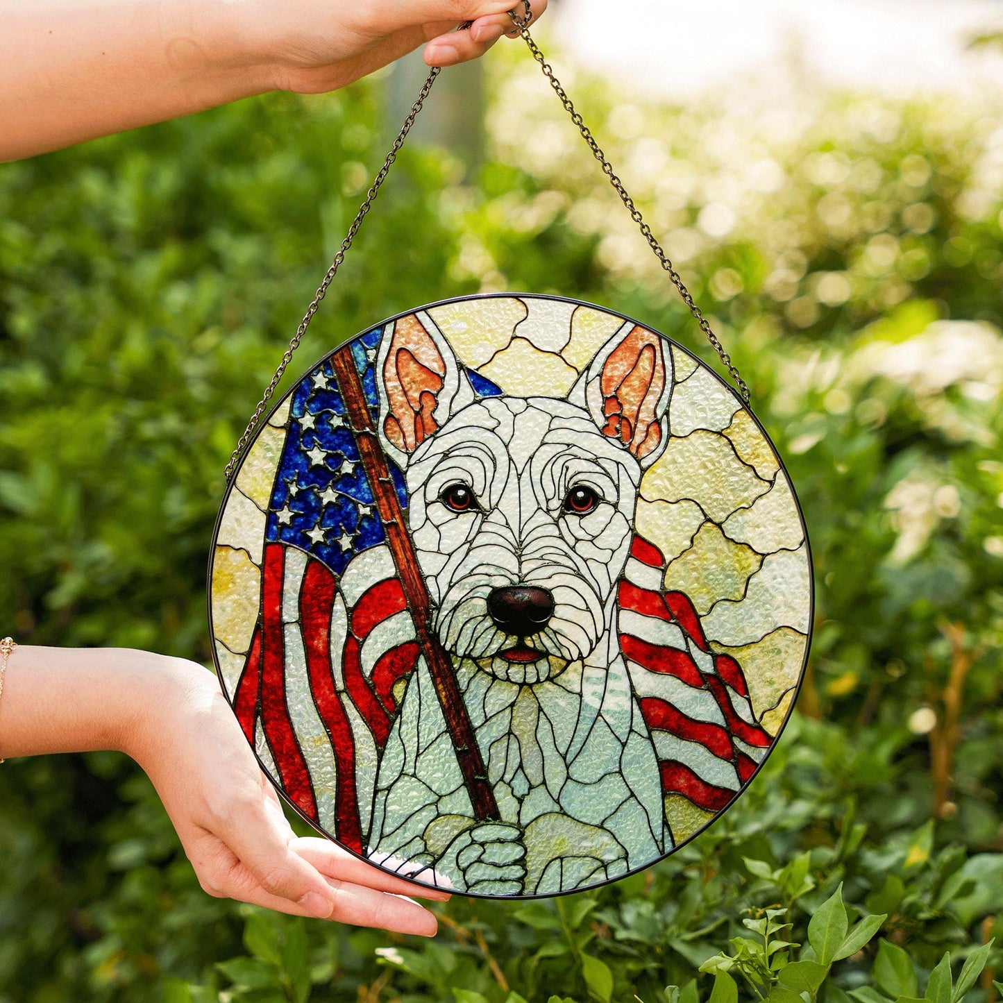 Patriotic dog American flag stained glass window art round suncatcher gift for July Fourth dog lover home decor