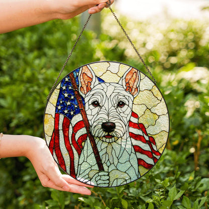 Patriotic dog American flag stained glass window art round suncatcher gift for July Fourth dog lover home decor