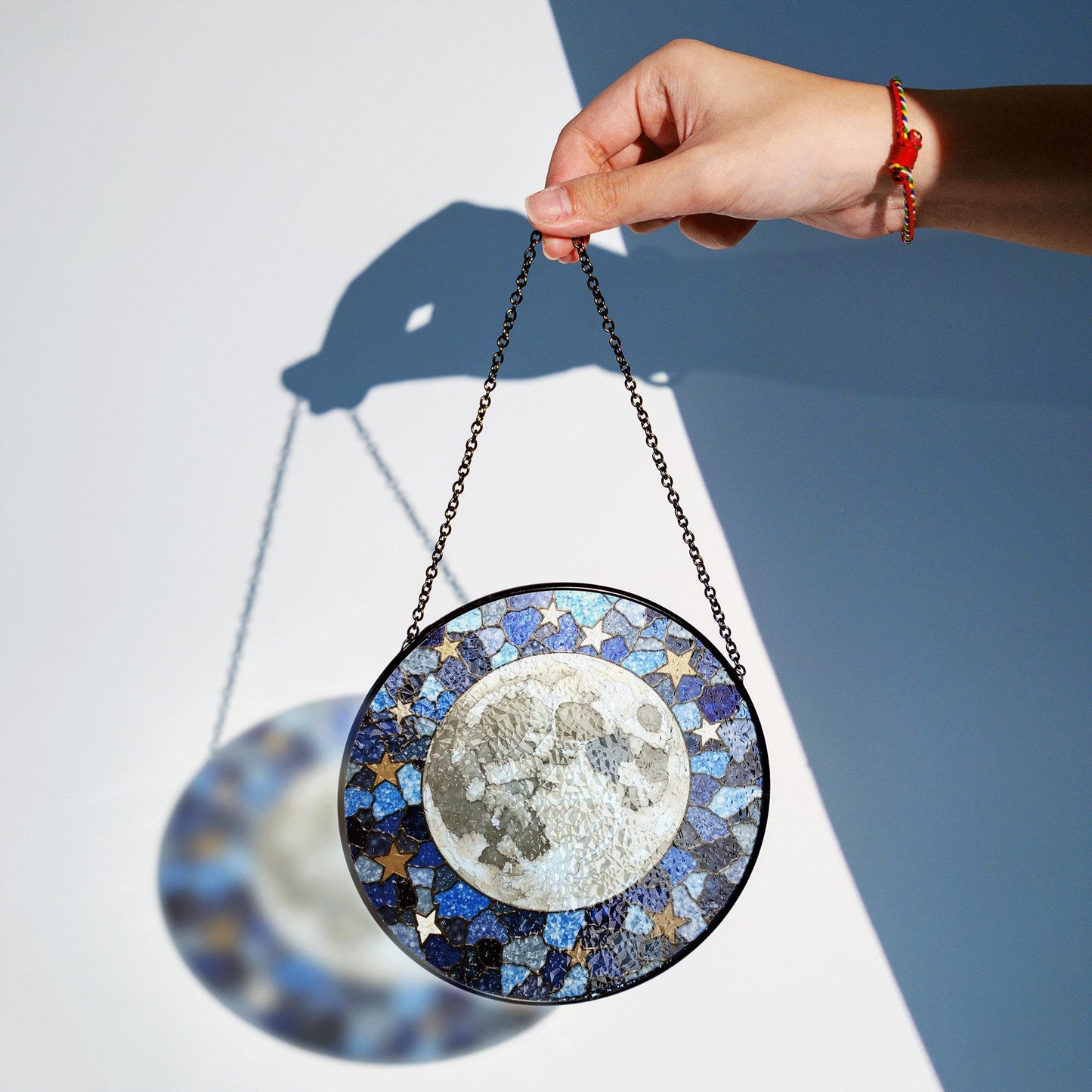 Mosaic Moon Starry Night stained glass suncatcher round window hanging celestial art gift for space lover mom birthday