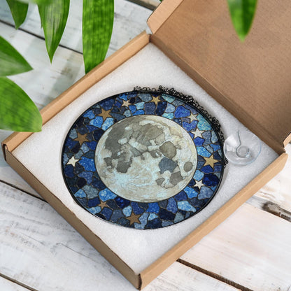 Mosaic Moon Starry Night stained glass suncatcher round window hanging celestial art gift for space lover mom birthday