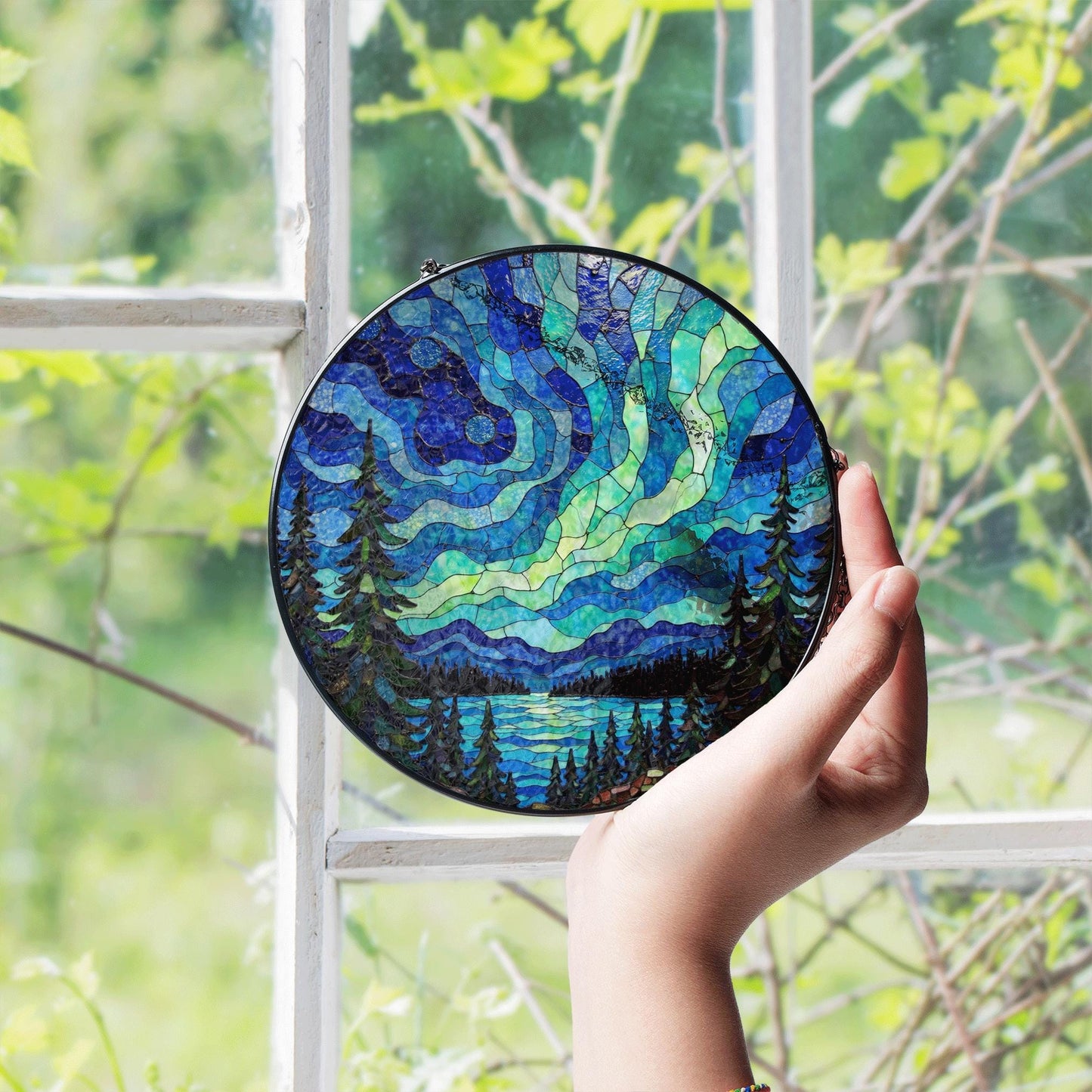 Aurora borealis forest lake mosaic round stained glass suncatcher window art gift for nature lover housewarming