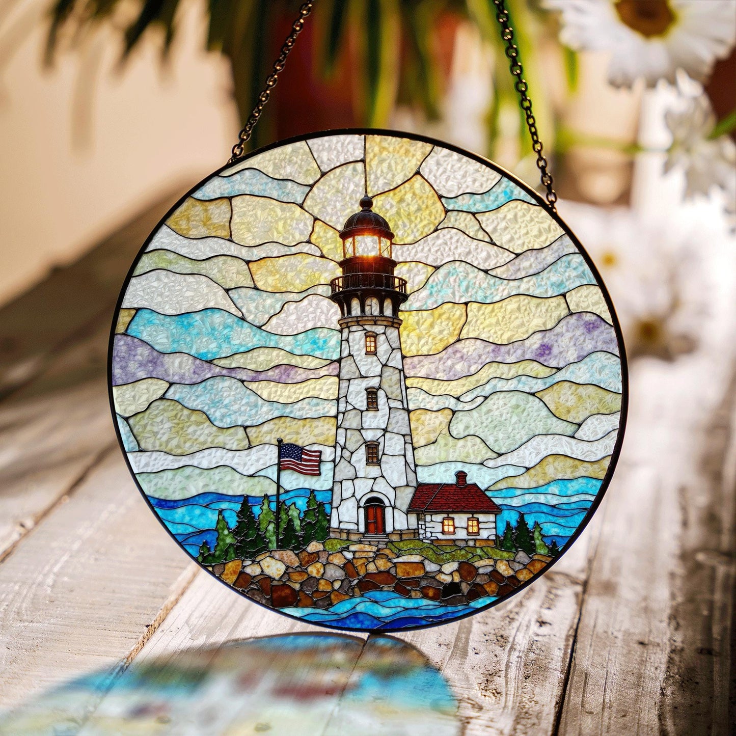 Patriotic Lighthouse Coastal Beacon Stained Glass Round Suncatcher Window Hanging Independence Day Gift for Dad