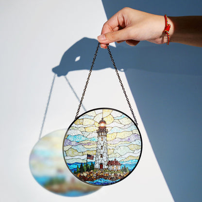 Patriotic Lighthouse Coastal Beacon Stained Glass Round Suncatcher Window Hanging Independence Day Gift for Dad