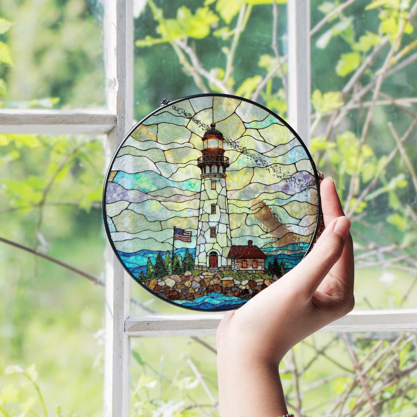Patriotic Lighthouse Coastal Beacon Stained Glass Round Suncatcher Window Hanging Independence Day Gift for Dad