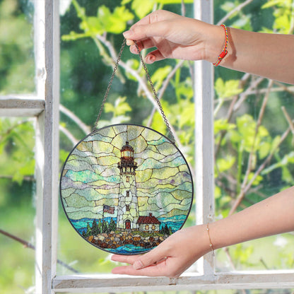 Patriotic Lighthouse Coastal Beacon Stained Glass Round Suncatcher Window Hanging Independence Day Gift for Dad