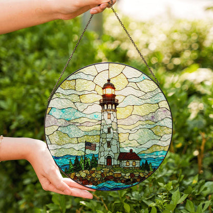Patriotic Lighthouse Coastal Beacon Stained Glass Round Suncatcher Window Hanging Independence Day Gift for Dad