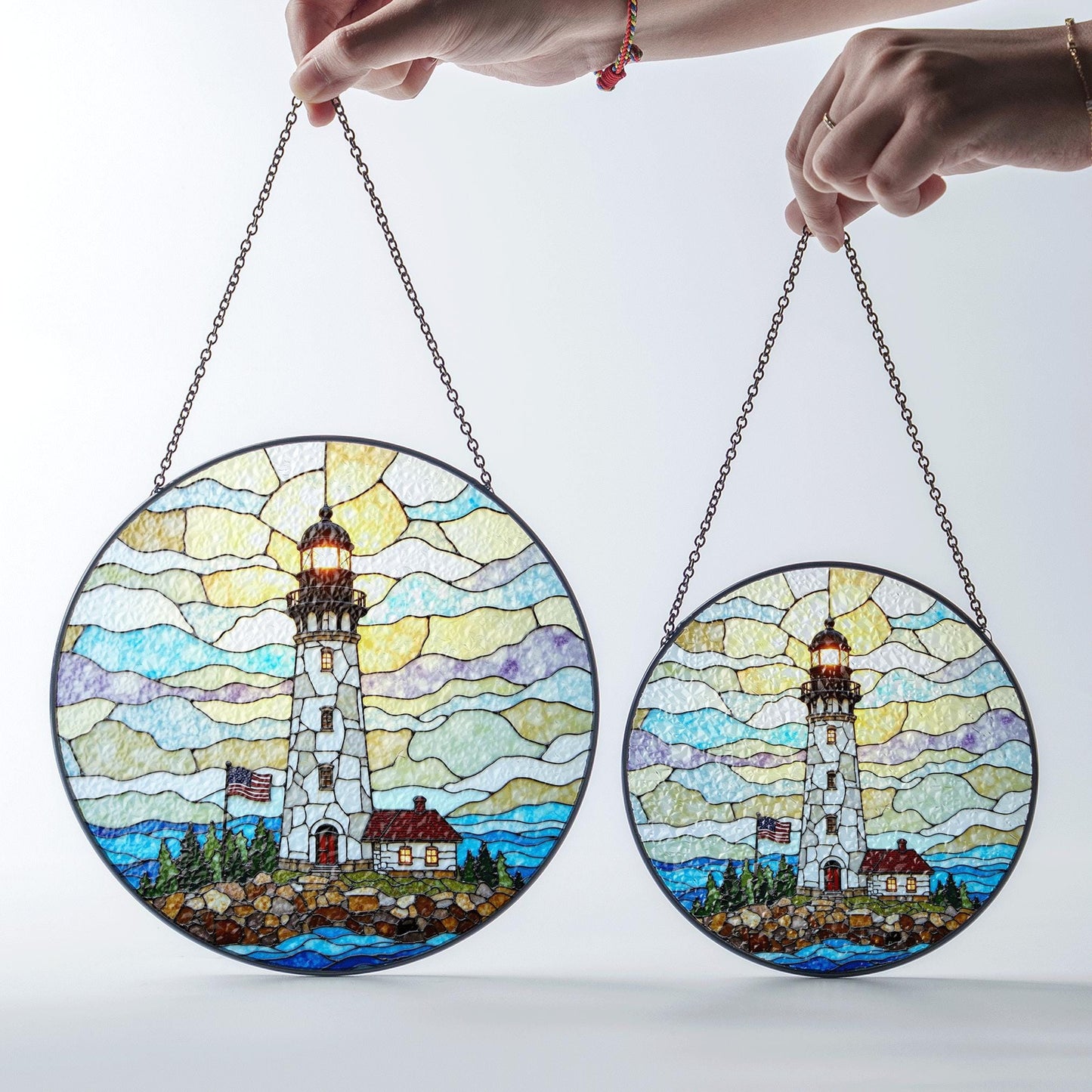 Patriotic Lighthouse Coastal Beacon Stained Glass Round Suncatcher Window Hanging Independence Day Gift for Dad