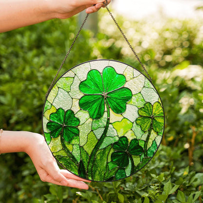 Four Leaf Clover Stained Glass Round Window Suncatcher Handmade Sun Catcher Lucky Charm St Patrick Day Gift for Friend