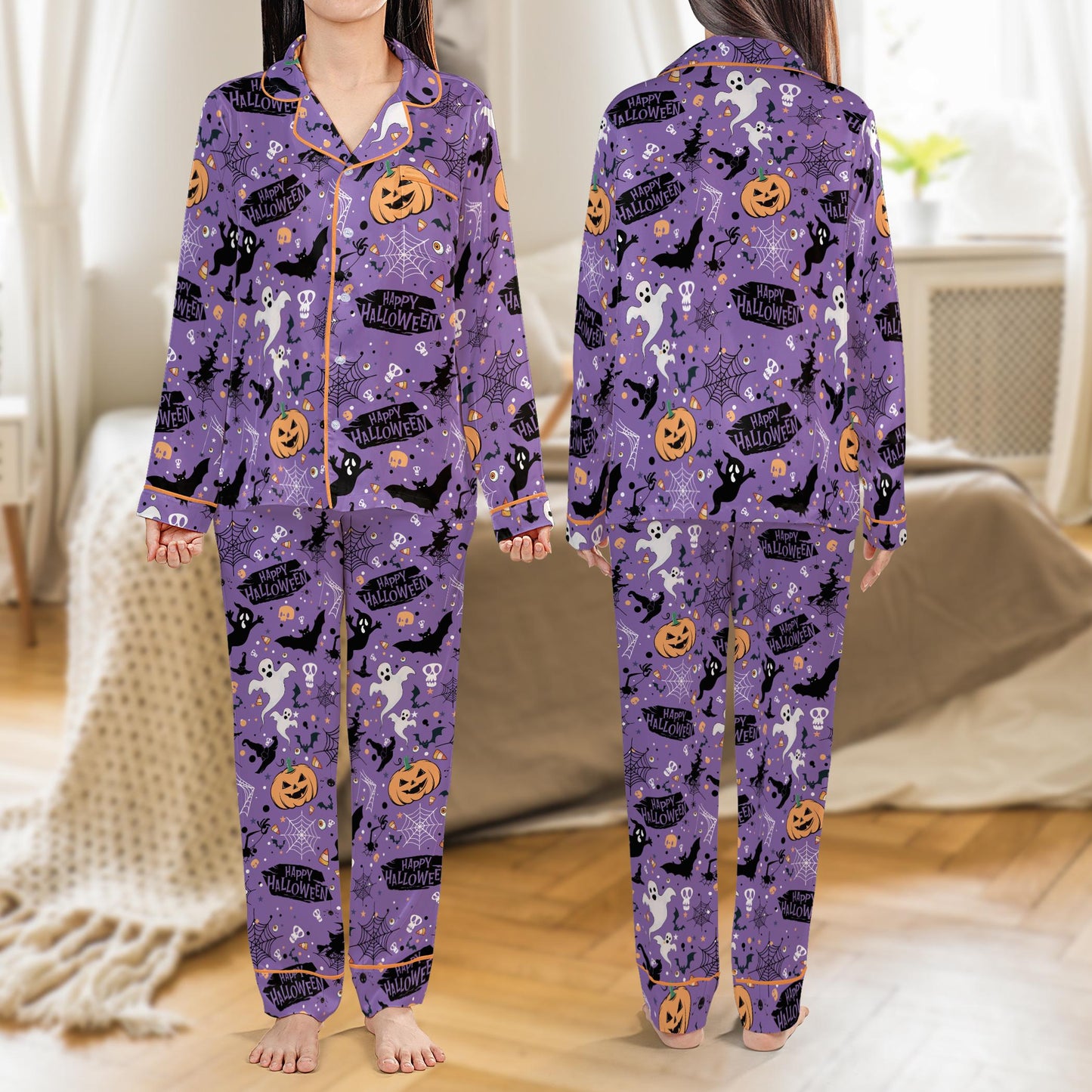 Happy Halloween Pajamas Set, Spooky Ghost Pumpkin Pajama Set, Trick or Treat Sleepwear, Short or Long Sleeve Halloween Loungewear For Women