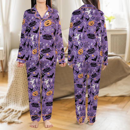 Happy Halloween Pajamas Set, Spooky Ghost Pumpkin Pajama Set, Trick or Treat Sleepwear, Short or Long Sleeve Halloween Loungewear For Women
