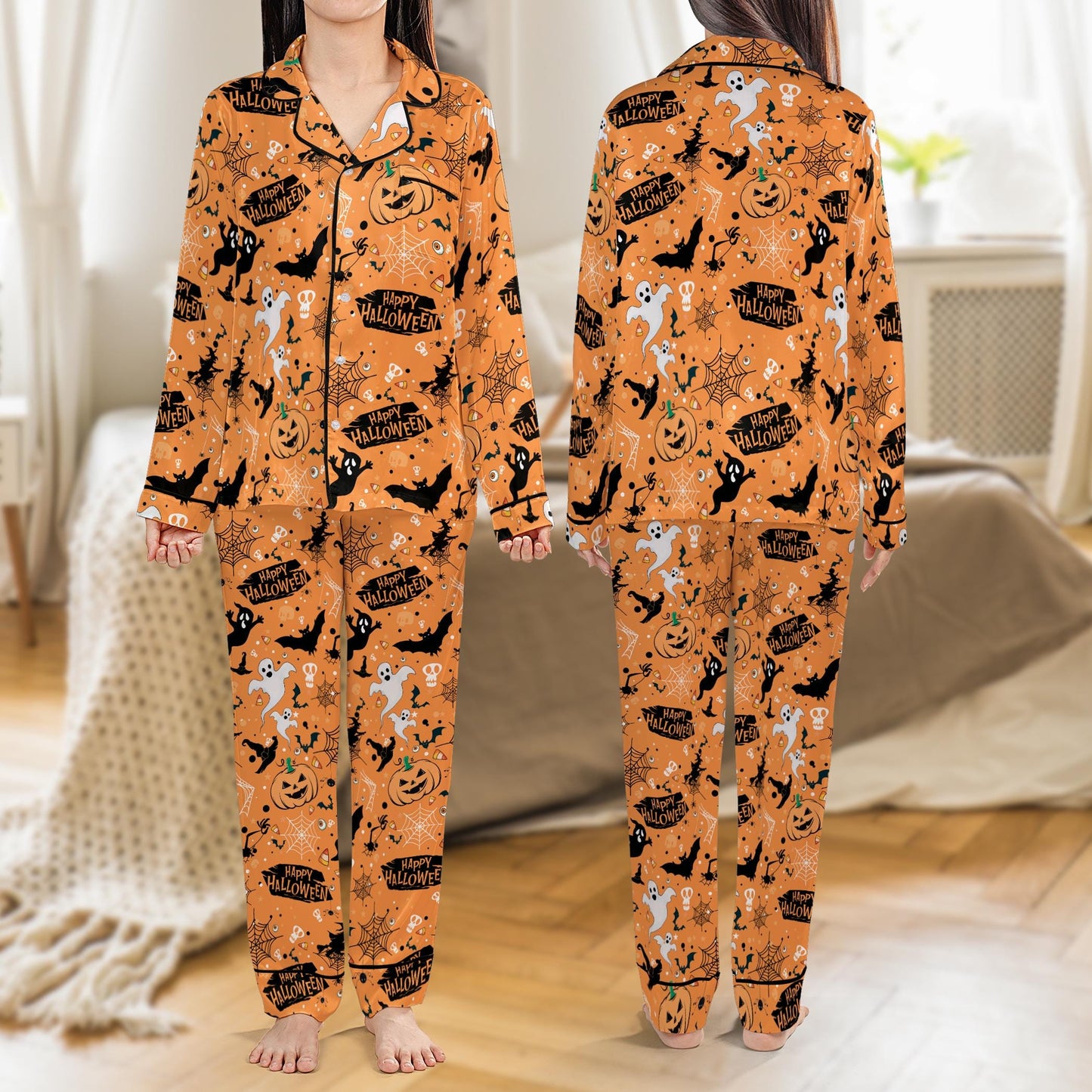 Happy Halloween Pajamas Set, Spooky Ghost Pumpkin Pajama Set, Trick or Treat Sleepwear, Short or Long Sleeve Halloween Loungewear For Women