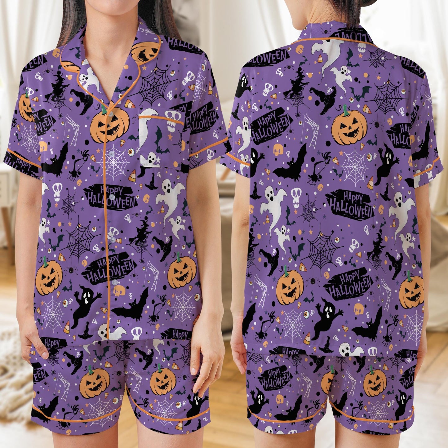 Happy Halloween Pajamas Set, Spooky Ghost Pumpkin Pajama Set, Trick or Treat Sleepwear, Short or Long Sleeve Halloween Loungewear For Women