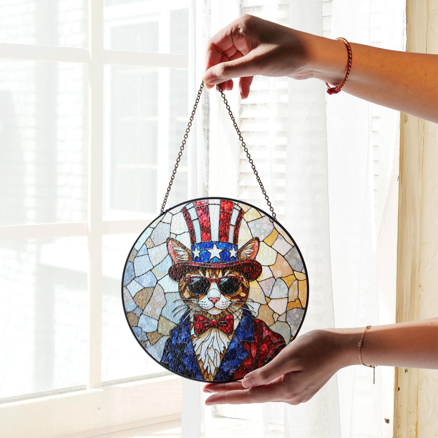 Patriotic cat Uncle Sam sunglasses stained glass round suncatcher window decor Independence Day gift for cat lovers