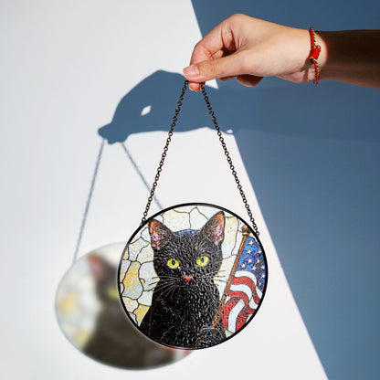 Black cat with American flag mosaic stained glass suncatcher window decor Independence Day gift for cat lover