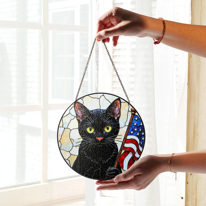 Black cat with American flag mosaic stained glass suncatcher window decor Independence Day gift for cat lover