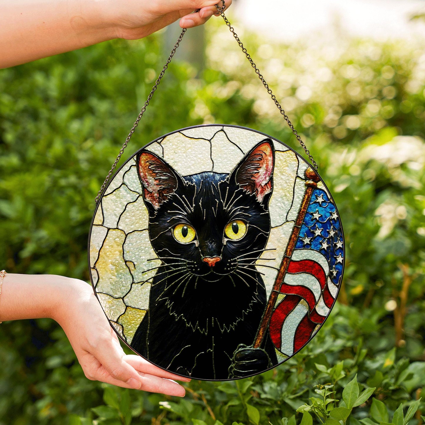 Black cat with American flag mosaic stained glass suncatcher window decor Independence Day gift for cat lover