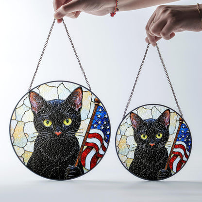 Black cat with American flag mosaic stained glass suncatcher window decor Independence Day gift for cat lover