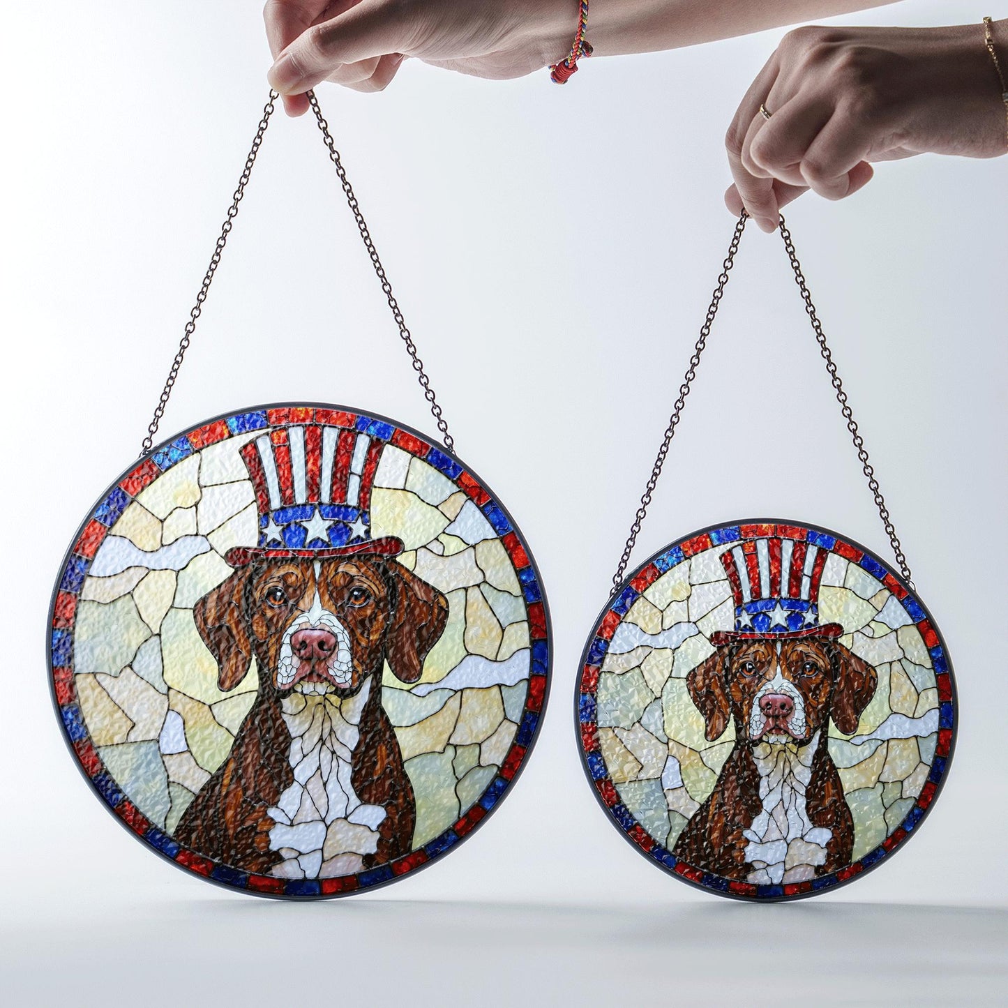 Fourth of July Uncle Sam dog art stained glass suncatcher window decor gift for patriotic dog lover