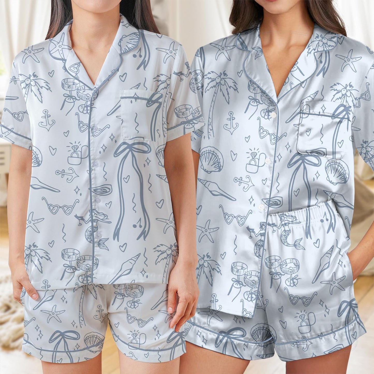 Mermaid Bachelorette Pajama Set, Beach Bachelorette Sleepwear, Mermaid Bach Loungewear Set, Coastal Bachelorette Pajamas,Tropical Bach Party