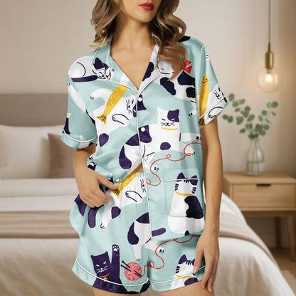 Cat Satin Pajamas Set, Cat Love Short Pajamas, Cat Pyjamas, Sleepwear Matching Pjs, Lounge Set, Cat Pajamas for Women, Pet Lover Gift