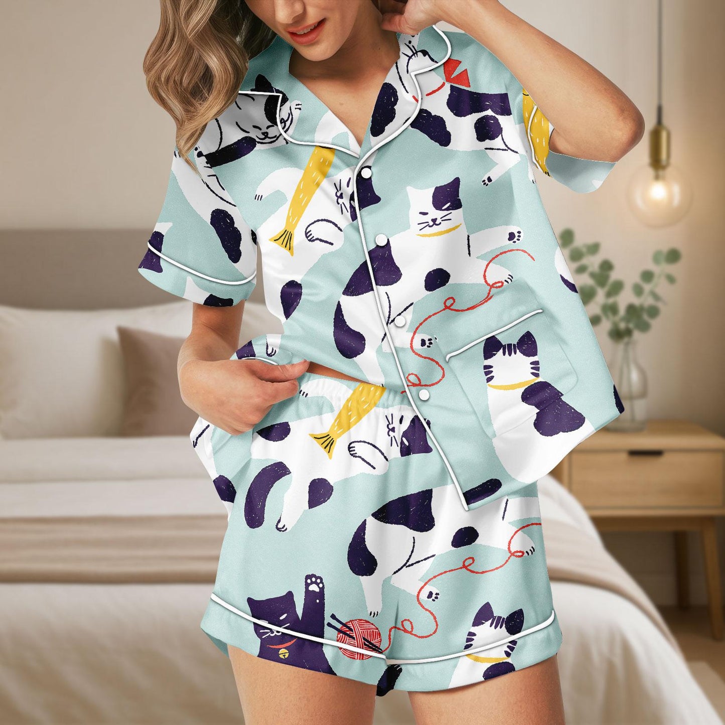 Cat Satin Pajamas Set, Cat Love Short Pajamas, Cat Pyjamas, Sleepwear Matching Pjs, Lounge Set, Cat Pajamas for Women, Pet Lover Gift